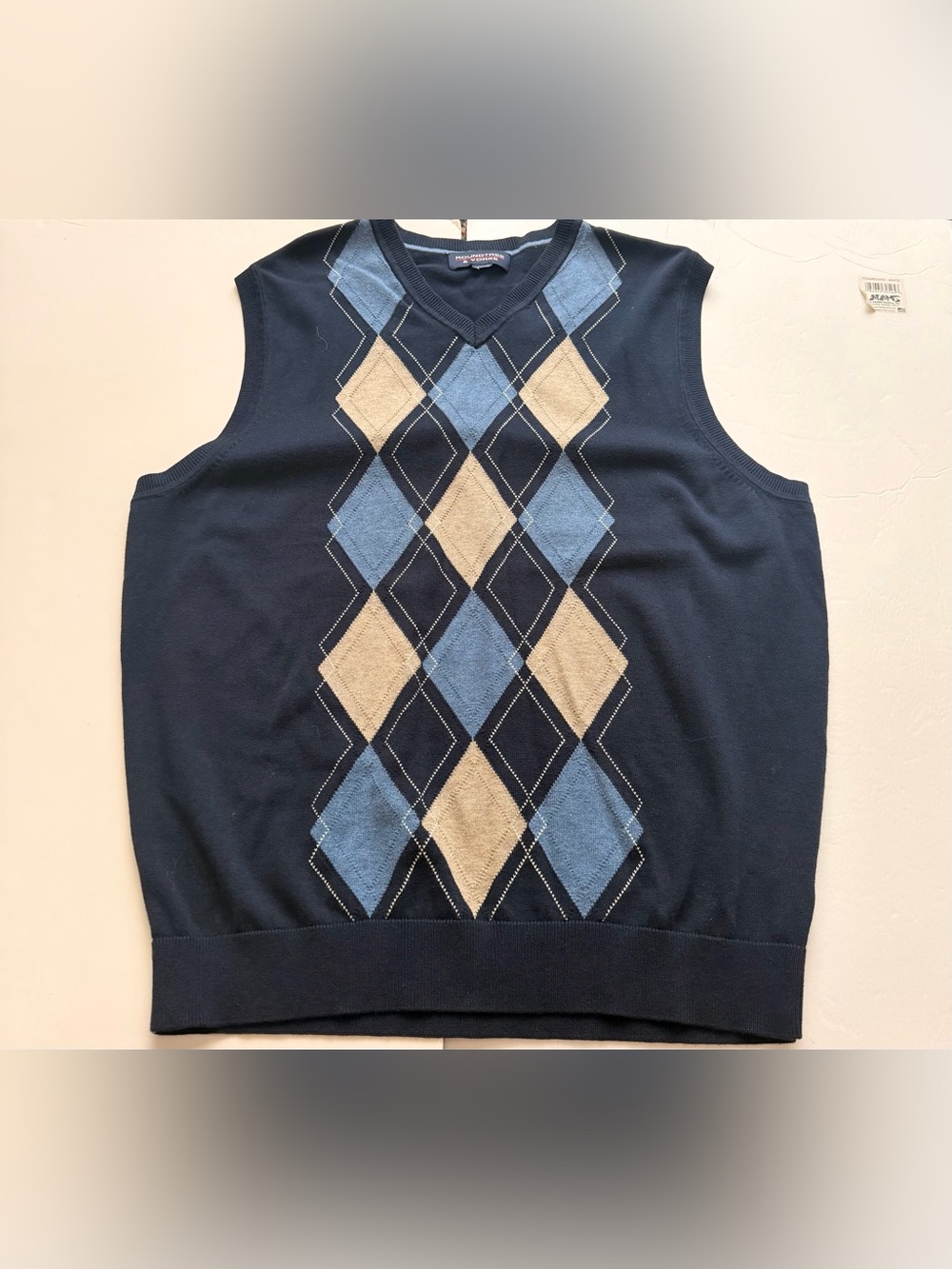 Argyle Sweater Vest Men’s Large Navy Blue Tan Preppy Roundtree & Yorke